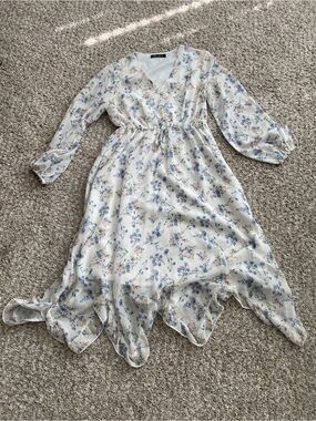 Light Floral Ruffle Sleeve Blouse - White with Blue & Peach Flowers